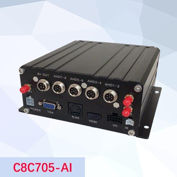 C8C705-AI eight-channel mobile DVR with AHD, HDMI, VGA, and antenna connections