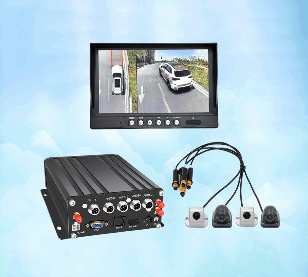 Four-camera vehicle surveillance system with a mobile DVR and split-screen monitor