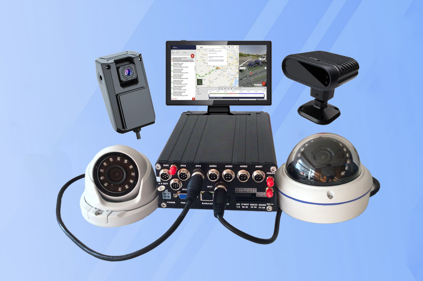 Mobile DVR running a mix of analog and IP cameras with a management platform on screen