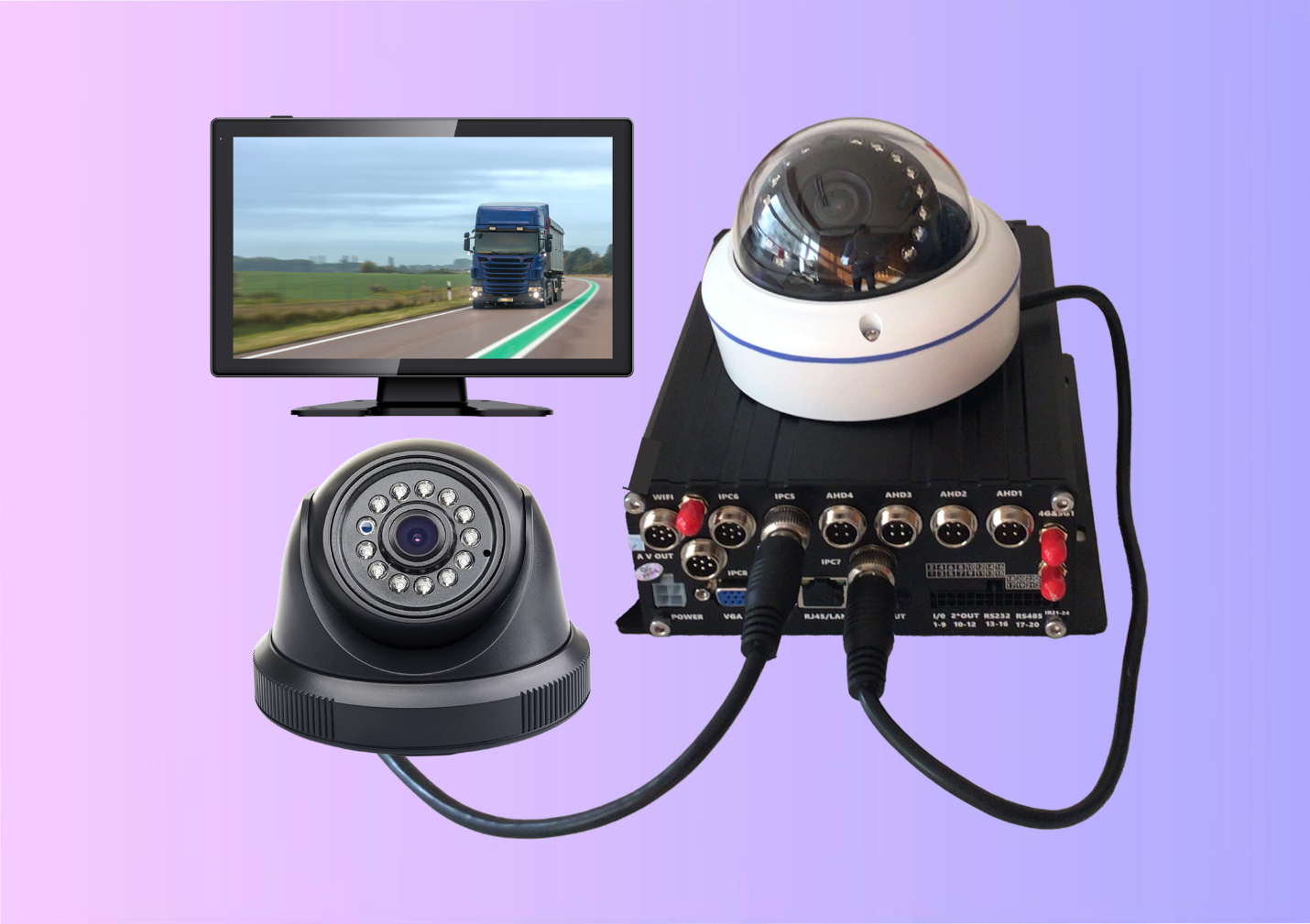 Mobile DVR with dome cameras and a monitor showing a truck on the highway with a lane marker
