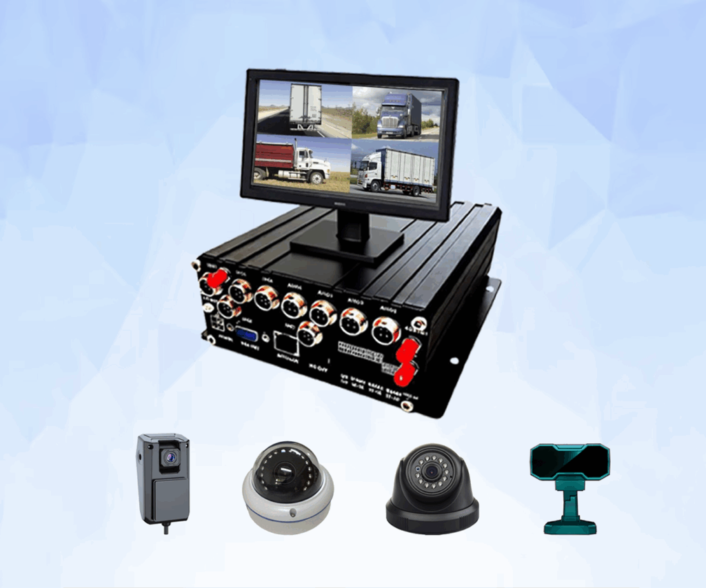 Mobile DVR with a quad-view monitor showing four trucks and a row of vehicle cameras