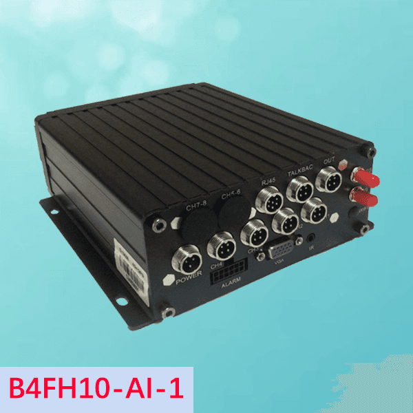 Eight-channel rugged mobile DVR host with labeled camera and storage ports