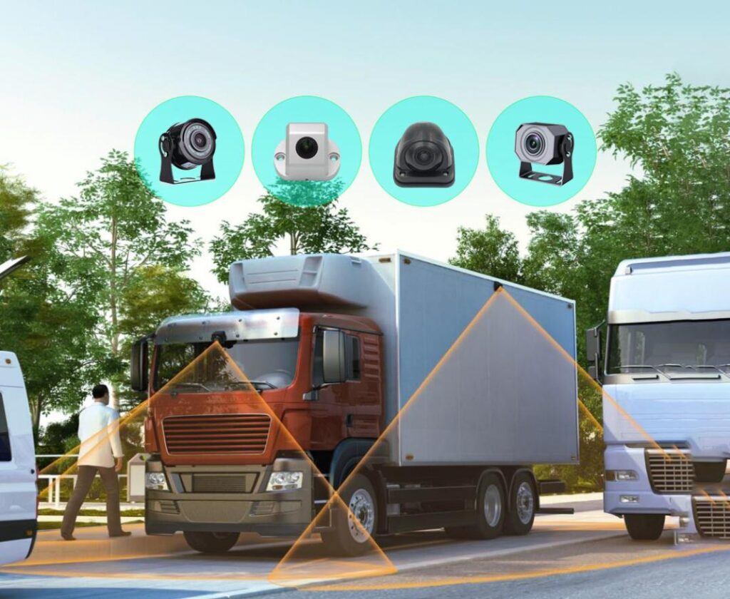 Commercial truck surrounded by four calibrated vehicle camera viewing zones